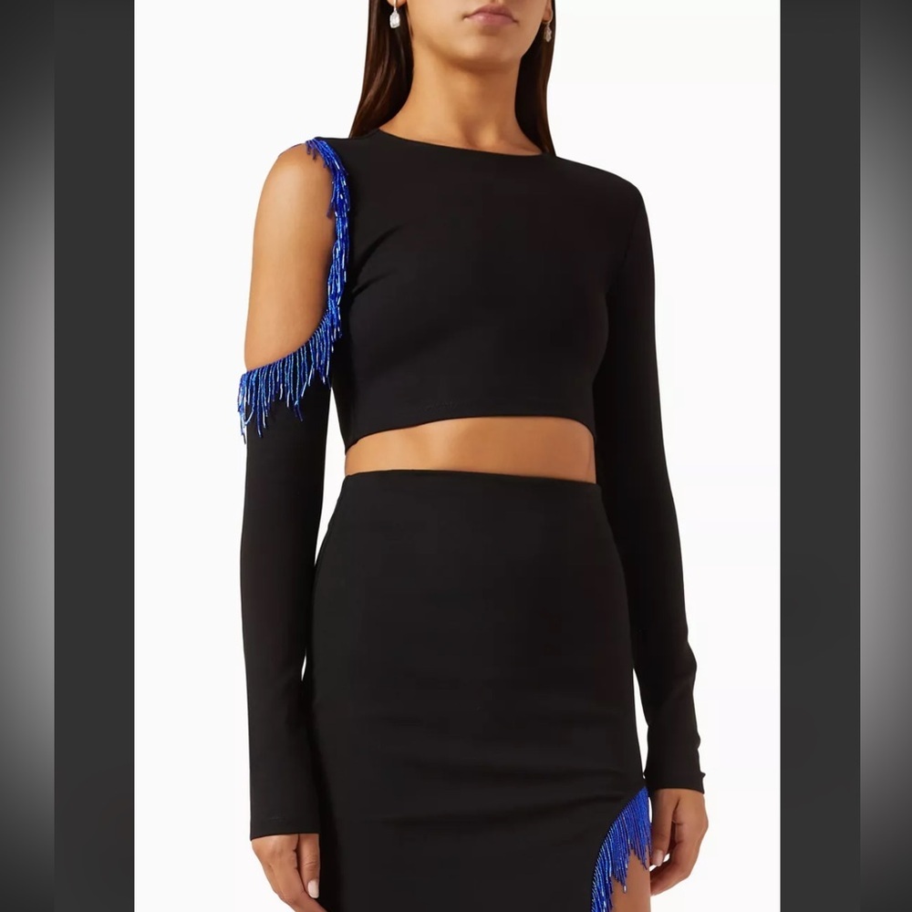 NEW STAUD Ellen Beaded Fringe Cutout Long Sleeve Crop Top Black Size Medium